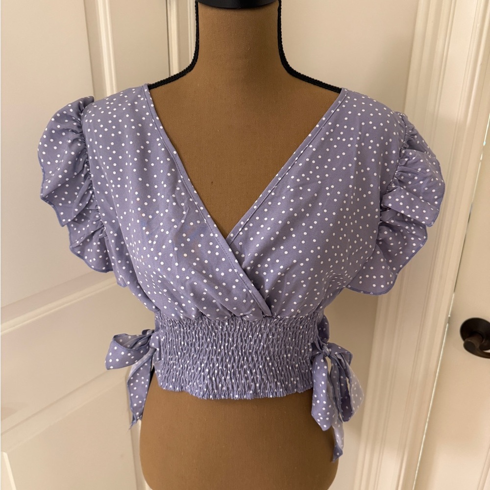 Polka Dot Puff Sleeve Wrap Top
